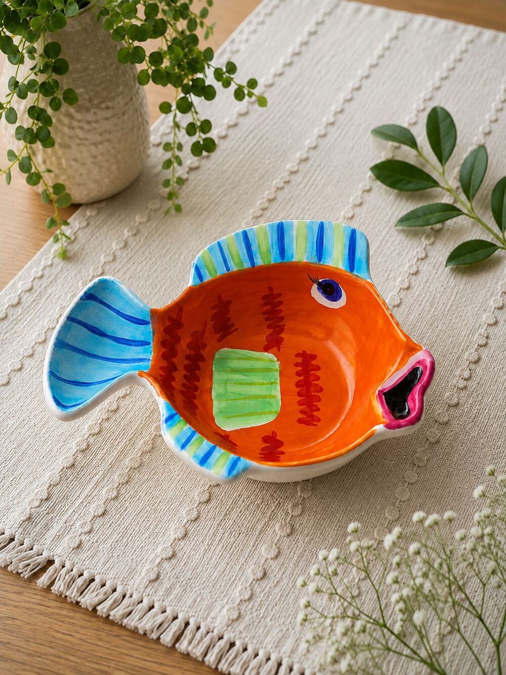 Hausenware Sally Noll Fish Shaped Serving Bowl Colorful Ceramic 8.5" Whimsical